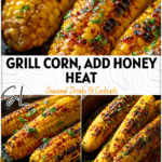 Grilled corn on a skillet topped with chili honey butter for a Hot Honey Corn flavor.